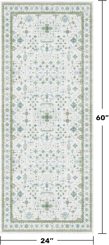 Cream Green and Blue Turkish Bathroom Runner 2x5 - Oushak Vintage Boho Floral Pastel, Washable Low Pile Non Slip Stain Resistant Small Throw Rug for Kitchen, Bedroom, Laundry