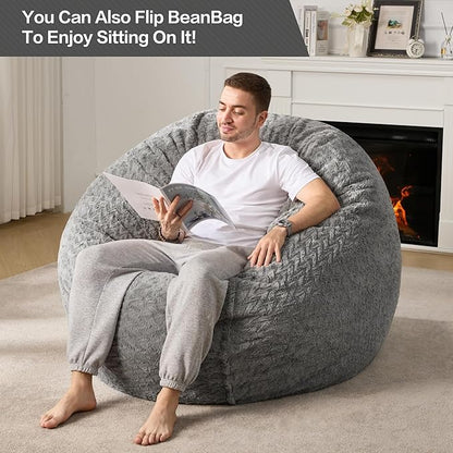 Hobestluk 5ft Bean Bag Chairs for Adults Large Beanbag Chair with Chevron Plush Fur Cover Big Bean Bag Chair for Living Room Bedroom Dorm Office - Grey (50” x 50” x 24”)