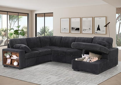 Eafurn Oversized U Shaped Convertible Sleeper Sectional Sofa w/Pull Out Couch Bed, 6 Seater Corduroy Upholstered Corner Lounge Sofa Couch Sleeper Sofabed w/Storage Chaise,Shelves