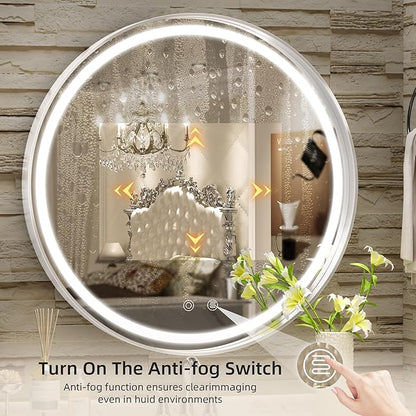 Hasipu 24 Round LED Mirror for Bathroom with Lights, Silver Circular Vanity Mirror for Wall, Metal Framed Frontlit Bathroom Mirrors Anti-Fog, Dimmable, 3 Colors Makeup Mirror Wall Mounted