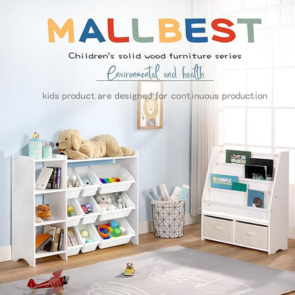 MallBest 4-Tier Kids' Toy Storage Organizer Shelf - 100% Solid Wood,Children's Storage Cabinet with 9 Plastic Bins and 3 Storage Ports(White-Single Color)