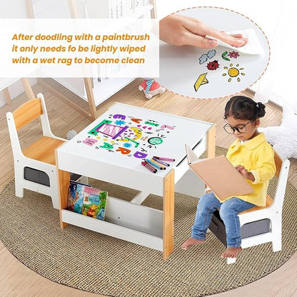 Asweets Kids Table and Chair Set,4 in 1 Toddler Desk with Storage Drawer,Wooden Activity Table for 2 in 1 Detachable Tabletop,Bookshelf,Suitable for Classroom,Home,Nursery,Playroom (Ivory White)