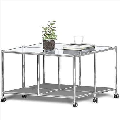 Matte Coffee Table with Open Storage, Square Tempered Glass Storage Rolling Coffee Table, Modern Design for Living Room, Meeting Room (Grey)