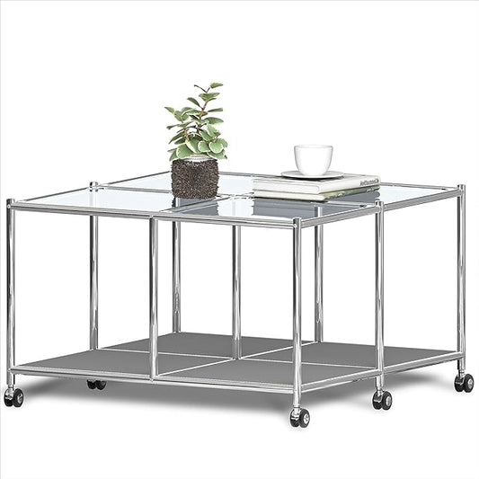 Matte Coffee Table with Open Storage, Square Tempered Glass Storage Rolling Coffee Table, Modern Design for Living Room, Meeting Room (Grey)