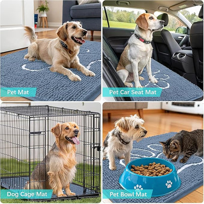 OLANLY Door Mat for Muddy Dog Paws 36x24, Absorbent Chenille Doormat with Paw Print Design, Non-Slip Washable Doormat for Indoor Entryway, Quick-Dry Pet Bed Mats for Dirty Dogs, Airy Blue and White