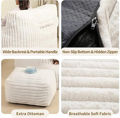 Comfy Gaint Bean Bag Chair with Ottoman, Fluffy Huge Bean Bag Armchair for Adults and Teens, Cream
