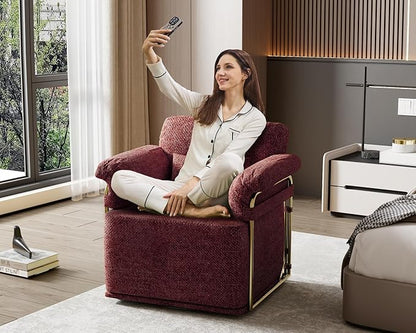 KEIKI Modern Comfy Swivel Accent Reading Chair with Waist Pillows, 360°Square Upholstered Barrel Armchair Single Club Lounge Sofa Chairs for Living Room,Bedroom,Office,DarkRed
