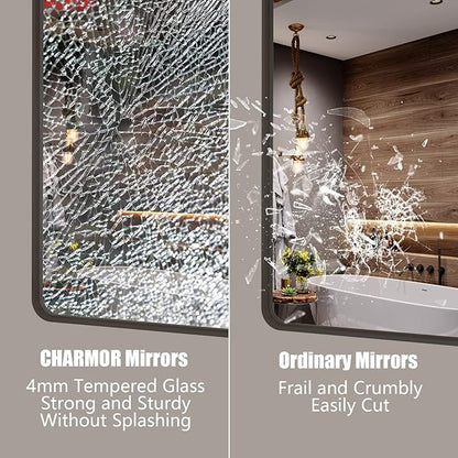 48x30 Bronze Bathroom Mirror for Wall, Brushed Bronze Metal Framed Bathroom Vanity Mirror, Rounded Rectangle Mirror, Anti-Rust, Shatterproof (Horizontal/Vertical)