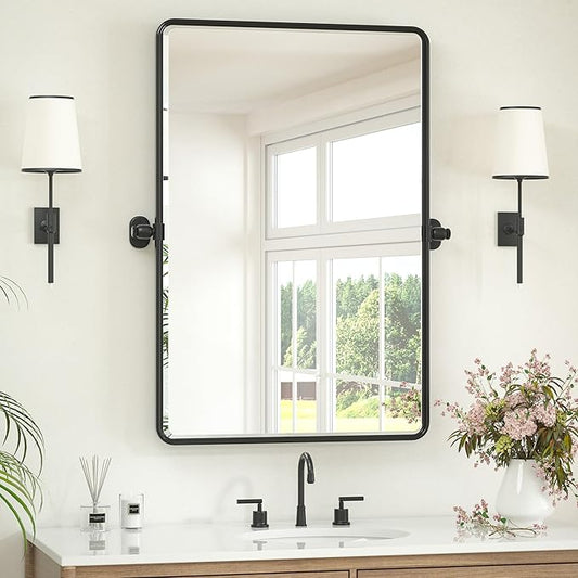 Keonjinn 24 x 36 Inch Pivot Mirror Bathroom, Black Tilt Mirror Bathroom for Wall, Matte Black Beveled Pivot Rectangle Mirrors for Over Sink, Farmhouse Metal Framed Vanity Mirrors, Horizontal/Vertical