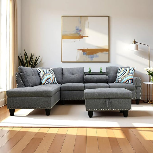L Shaped Couch Modern Sectional Couch Upholstered Linen Fabric 3 Pieces Sofas for Living Room with Chaise, Storage Ottoman for Office and Small Apartment, Charcoal