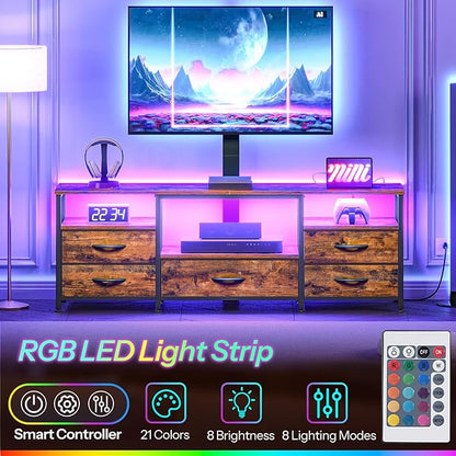 HOOBRO TV Stand with Mount and Power Outlet, for 32/45/55/60/65 inch TVs, Swivel Led Entertainment Center with Drawers, Adjustable Media Console for Living Room, Bedroom, Rustic Brown BF130UDDS01