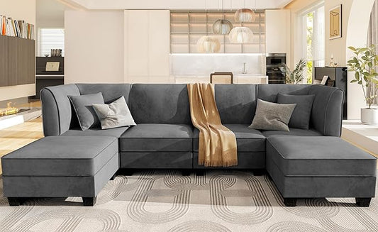 Shintenchi 6 Pieces Sectional Couch Modular Sofa,U Shaped Reversible Chaise Velvet SofaCouch with Cushions,Modular Sectional Sofa with Ottoman for Living Room (Dark Grey)