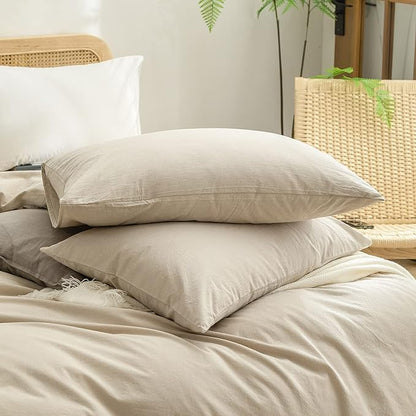 BESTOUCH Duvet Cover Set 100% Washed Cotton Linen Feel Super Soft Comfortable Chic Lightweight 3 PCs Home Bedding Set Solid Almond Milk Grey Super King