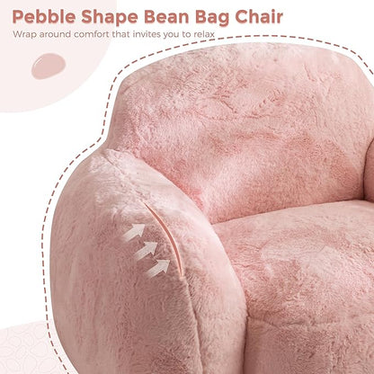 MAXYOYO Bean Bag Chair, Comfy Pebble Shaped Single Bean Bag Sofa for Adults, Stuffed Floor Sofa with Supportive Backrest & Armrests, Modern Faux Fur Accent Chair for Living Room & Bedroom, Pink