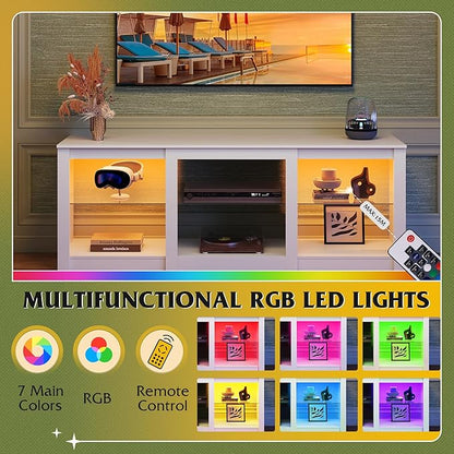 WLIVE LED TV Stand for 65 Inch TV, Modern Entertainment Center with Adjustable Glass Shelves & Customizable LED Lights, Sturdy Media Console for Living Room, Bedroom,Gaming (White)