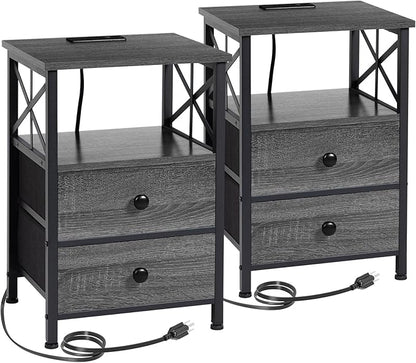AMHANCIBLE Night Stand Set 2, Nightstand with Charging Station, End Tables Living Room with USB Ports and Outlets, Bedside Tables with Fabric Drawers for Bedroom, Dark Grey HET05XDG