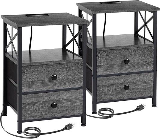 AMHANCIBLE Night Stand Set 2, Nightstand with Charging Station, End Tables Living Room with USB Ports and Outlets, Bedside Tables with Fabric Drawers for Bedroom, Dark Grey HET05XDG