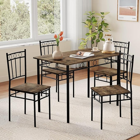 Vipbear Kitchen Dining Table Set for 4, 5-Piece Kitchen Table Set,Dining Room Table Sets,Rectangular Kitchen Table Set with 4 Chairs for Small Space, Dinette,Apartment, Rustic Brown