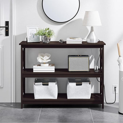 Yaheetech Console Table with Power Outlet, 3 Tier Narrow Sofa Couch Table with Storage Shelves, Wood Entryway Table Side Table for Living Room, Hallway, Entrance, Bedroom, Espresso