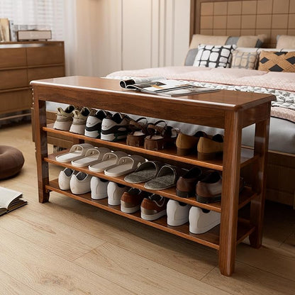 Shoe Storage Bench for Entryway - 4 Tier Shoe Rack for Front Door Entrance, Rubberwood Shoes Rack Height Adjustable, Entryway Bench with Shoes Storage for Any Room (Walnut, 39.4" W)