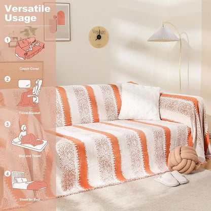 Boho Sofa Cover, Couch Covers for 3 Cushion Couch Sofa Pet Friendly, Sofa Cover Washable, Soft Chenille Living Room Couch Covers Slipcover, Pet Furniture Protecto (1# Orange, 71" x 134")