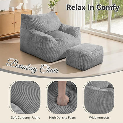 INMOZATA Bean Bag Chair for Adults, 3FT Beanbag Chair with Ottoman Pre-Filled Fluffy Lazy Chair Corded Fabric Accent Chair for Bedroom Living Room Dorm (Gray)