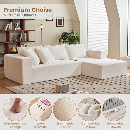Modular Sectional Sofa, 108" L-Shaped Boneless Couch with Deep Seat, Corduroy Cloud Couch for Living Room, Bedroom, No Assembly Required, Ship in a Box, Beige