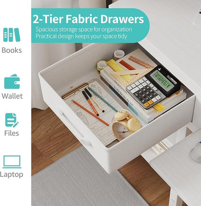 Lufeiya White Desk with Keyboard Tray Slide Out, 47 Inch Home Office Computer Desks with Fabric Drawers & Storage Shelves, Modern Simple Study Writing Table PC Desks for Bedroom, White
