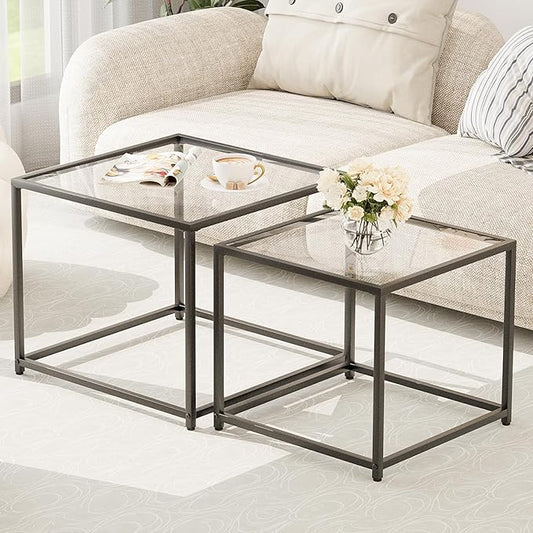 Garden 4 you Coffee Table Set of 2, Modern Glass Nesting Table, Metal Frame Square Center Table Set, Side Tables, Nesting Coffee Table for Living Room, Bedroom and Small Spaces, 23.6in Black