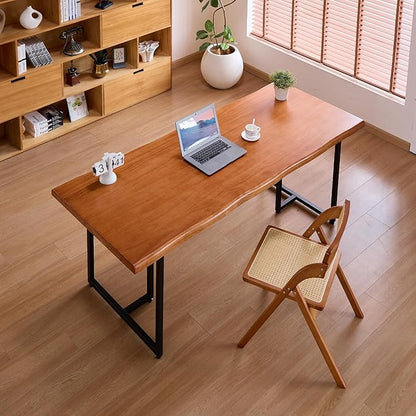 Solid Wood Administrative Desk, Dining Table with Durable Metal Legs, Uniquely Designed Leisure Table, Perfect for Restaurants and Home Offices, (Wood Brown, 55.12in)