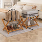 Pack of 2 Fully Assembled Bamboo Luggage Racks with Shoe Shelf, 5 Heavy-Duty Straps Folding Suitcase Stand, Luggage Holders for Guest Room Must Haves, Ideal for Bedroom, Hotel, Honey Oak