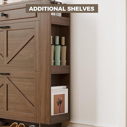 IRONCK Shoe Storage Cabinet with 2 Flip Drawers & Barn Door Design, Freestanding Shoe Cabinet Organizer with Drawer and Shelves for Entryway, Farmhouse Shoe Rack Cabinet,Dark Walnut