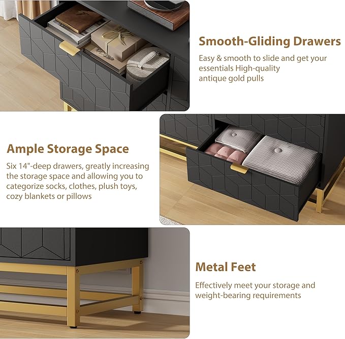 GAOMON Black Dresser for Bedroom,Modern 6 Drawer Double Dresser with Gold Handles,Long Storage Organizer for TV Stand & Closet,Large Chest of Drawers for Living Room,Hallway,Entryway