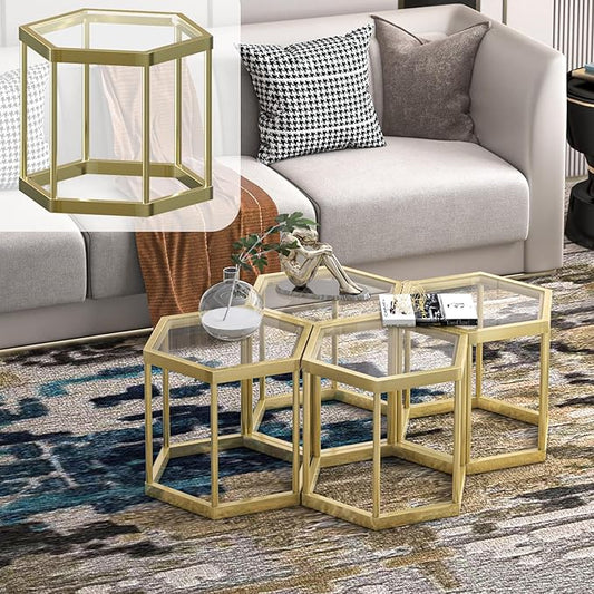 Gold Coffee Table Glass Modern Coffee Table, Hexagon Free Combination Glass Center Table Small End Tables with Metal Frame for Living Room Set of 1