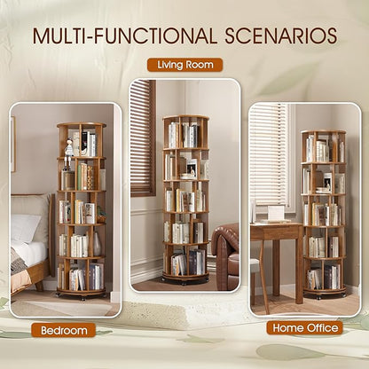 5 Tier Rotating Bookshelf Tower Spinning Bookshelf with Swivel Wheels Book Shelf Rotating Storage Tower for Kids Adult Narrow Walnut Solid Wood Revolving Bookcase Organizer for Bedroom Living Room
