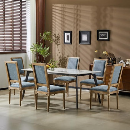 Merax Upholstered Solid Wood Dining Chairs Set of 6, French Country Style Accent Side Seating Furniture for Kitchen, Living Room, Cushioned Back, Slate Blue