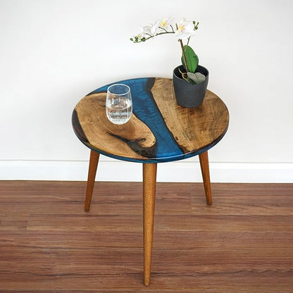 20" Resin Walnut Round Side Table | Epoxy End Table | Coffee Table | Mid Century Modern Resin Walnut | Living Room Furniture | Blue Color