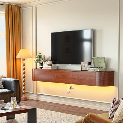 Fully Assembled Floating TV Stand with Drawers, 70IN Vintage Wall Mounted Entertainment Center, Minimalist Large Storage Console Under TV, Solid Wood Media Shelf for Living Room, Bedroom