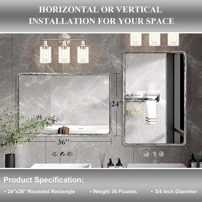 ANDY STAR Hand-Forged Silver Bathroom Mirror for Wall, 24x36 Inch Vintage Solid Steel Metal Frame Bathroom Vanity Mirror, Antique Rounded Rectangle Wall Mirror, Hangs Horizontally or Vertically