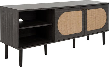 SAFAVIEH Claude TV Stand for up to 65" Flatscreen – Distressed Black, 2 Sliding Doors with Interior Storage, 2 Open Shelves, Entertainment Media Console (MED9610E)