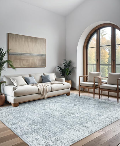 LIVEBOX Washable Area Rug 5x7 Rugs for Living Room Bedroom, Non-Slip Boho Neutral Carpet for Dining Room Office, Low-Pile Farmhouse Soft Carpets for Kids Nursery Room Playroom, Grey