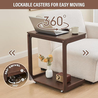 CozyDH Adjustable C Shaped End Table, Rolling Side Table Solid Wood TV Sofa Tray Table for Couch Arm Eating Multi-Purpose, Small Coffee Table with Wheels Living Room Bedroom, Dark Walnut