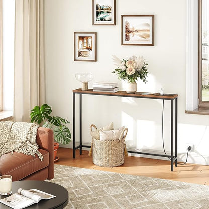 HOOBRO 47.2" Narrow Console Table with Power Outlets, 5.9" Behind Couch Table with Charging Station, Long Sofa Table, Skinny Entryway Table for Living Room, Hallway, Foyer, Rustic Brown BF15XG01G1