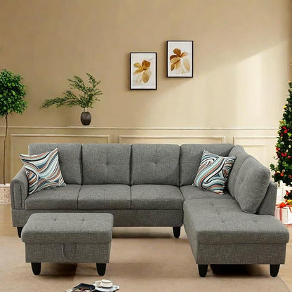 L Shaped Sectional Couch with Otttoman, 97" Sectional Sofa for Living Room Flannel Modular Couches with Cup Holders for Bedroom, Apartments, Grey