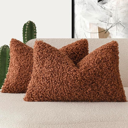 Foindtower Set of 2 Curly Teddy Wool Pillow Covers Decorative Boucle Textured Lumbar Throw Pillow Faux Fur Sherpa Pillowcases Sheepskin Fuzzy Cushion Case for Sofa Bedroom Car 12"x20" Hazel Brown