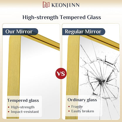 Keonjinn Gold Bathroom Mirrors for Over Sink 48” x 24” Large Brushed Brass Metal Framed Wall Mirror, Rounded Rectangle Bathroom Vanity Mirror, HD Tempered Glass Full Body Mirror(Horizontal/Vertical)