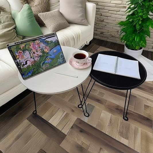 Leather Circle Nesting Tables Coffee Table Set of 2，Folding Table, Outdoor Side Tables，Fashionable End Tables Set Suitable for Living Room, Bedroom, Office, Outdoor, and Courtyard