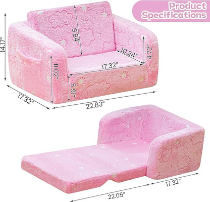 Lamerge 2-in-1 Soft Toddler Couch Fold Out,Foldable Toddler Chair, Glow in The Dark Kids Sofa for playroom,Convertible Foam and Floor Cushion for Boys and Girls (Pink and Clouds)