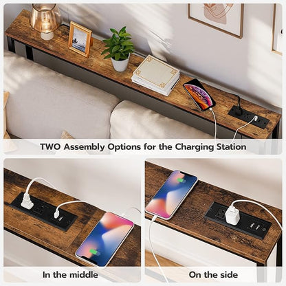 HOOBRO 2 Pack 5.9" Narrow Console Sofa Table with Power Outlets, 47.2" Long Behind Couch Table with Charging Station, Skinny Sofa Table for Living Room, Foyer, Rustic Brown BF15XGP201G1