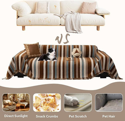 STACYPIK Khaki Jacquard Leaves Sofa Cover, Vintage Couch Cover for Dogs, Washable Pet Protector for 2 Cushion Couch, Non-slip Chenille Sofa Covers for Loveseat, Boho Couch Cover for Sectional-71X118IN